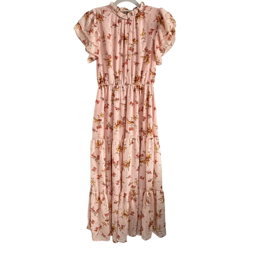 Haptics Holly Harper Floral Tiered Maxi Dress Womens Small‎ Pink Pockets Prairie